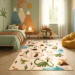 Kinderteppich Dino Beige – Spielteppich für Kinderzimmer | Waschbar & Rutschfest