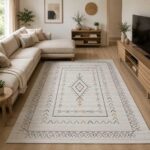 Boho Teppich in Creme Beige mit geometrischem Berber Muster im Wohnzimmer
