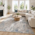 Moderner Teppich in Grau Blau mit abstraktem Muster im Wohnzimmer