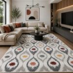 Moderner Teppich in Creme Grau mit bunten Akzenten im modernen Wohnzimmer