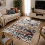 Moderner Teppich in Creme Grau Rost mit abstraktem Design im modernen Wohnzimmer