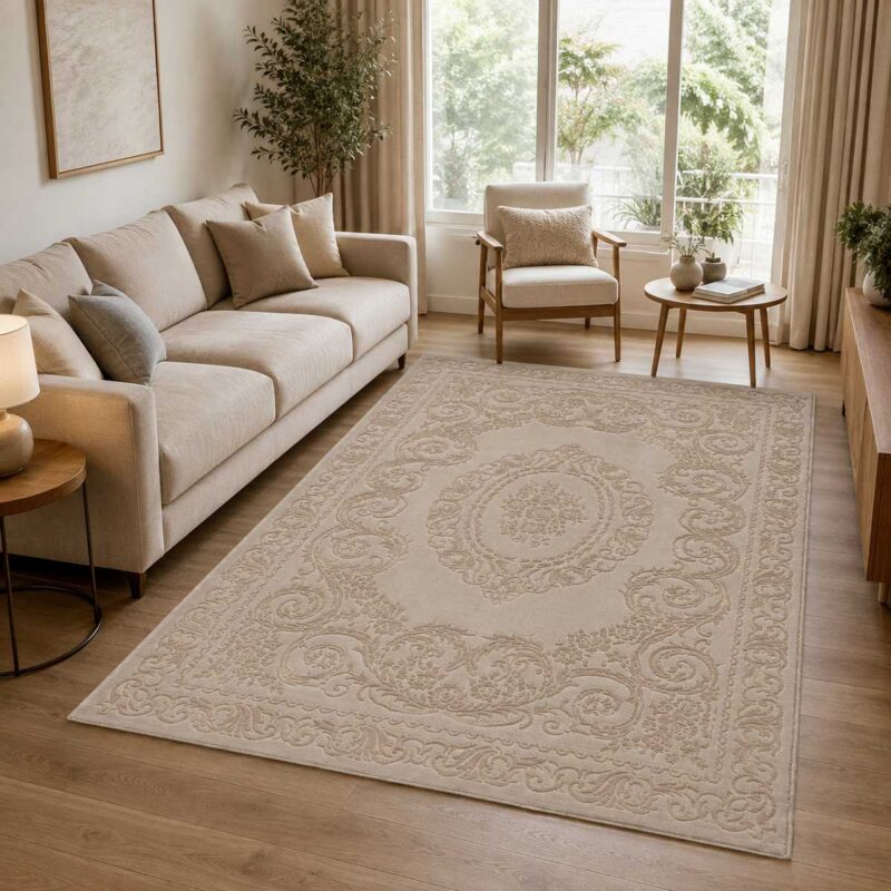 Eleganter Teppich in Beige Creme mit klassischem Medaillonmuster im Wohnzimmer