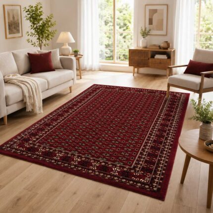 Roter Orientteppich mit klassischem Muster im modernen Wohnzimmer