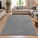 Moderner Teppich Silber ART 1123 mit geometrischem 3D Linienmuster in Wohnzimmer