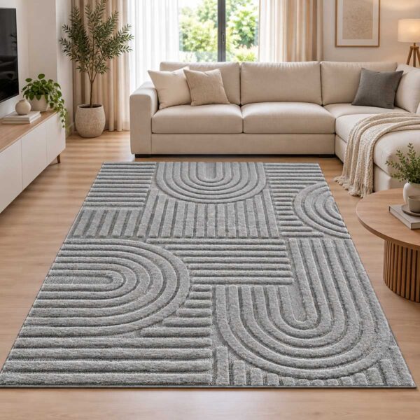 Moderner Teppich Silber ART 1121 mit geometrischem Linienmuster im Wohnzimmer