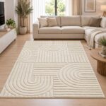Moderner Teppich Creme ART 1121 mit geometrischem Hoch-Tief-Muster in Wohnzimmer