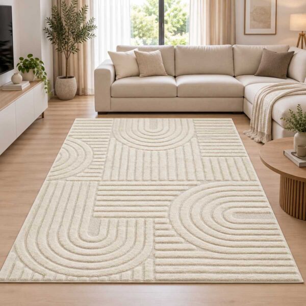 Moderner Teppich Creme ART 1121 mit geometrischem Hoch-Tief-Muster in Wohnzimmer