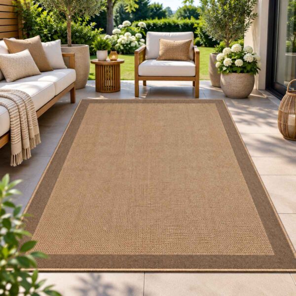 Outdoor Teppich Timber 1402 Beige mit Bordüre für Terrasse und Balkon