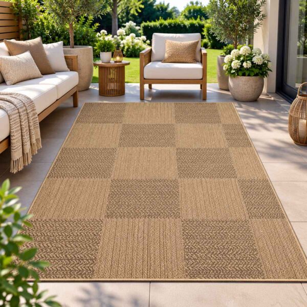 Outdoor Teppich Timber 1405 Beige mit Karomuster für Terrasse und Balkon
