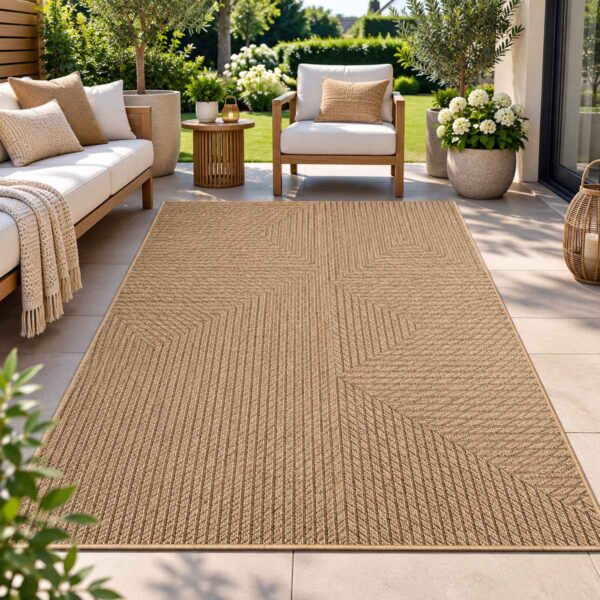 Outdoor Teppich Timber 1404 Beige mit geometrischem Design für Terrasse und Balkon