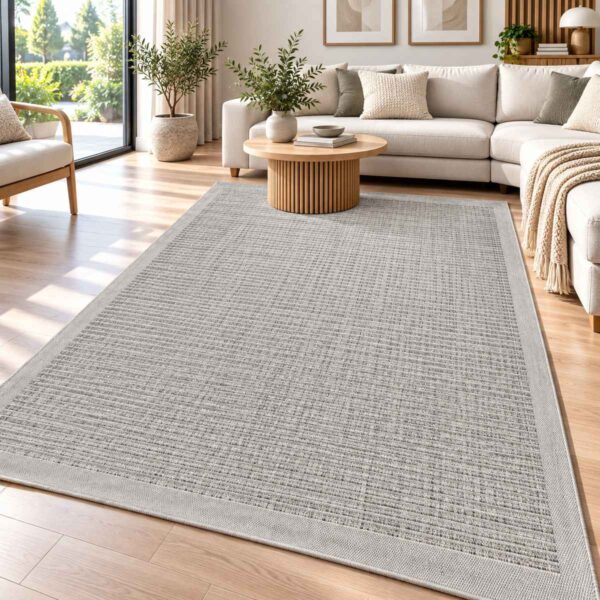 Giza Outdoor Teppich Grau – moderner Indoor & Outdoor Teppich im hellen Wohnzimmer