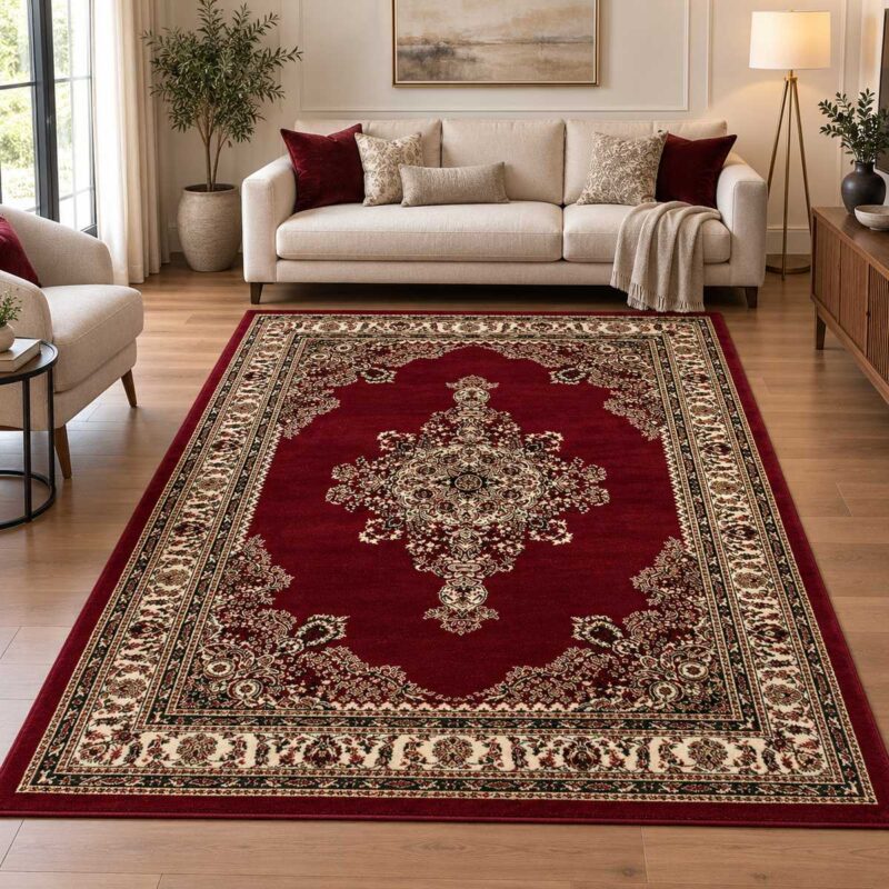 Klassischer Orientteppich in Rot Creme mit Medaillonmuster im Wohnzimmer