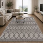 Moderner Teppich in Beige Grau mit geometrischem Boho Muster im Wohnzimmer