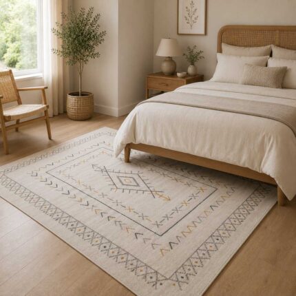 Boho Teppich in Creme Beige mit dezentem geometrischem Muster im Schlafzimmer