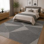 Grauer Teppich mit modernem geometrischem Muster im Schlafzimmer