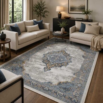 Vintage Teppich in Grau Blau mit orientalischem Design im modernen Wohnzimmer