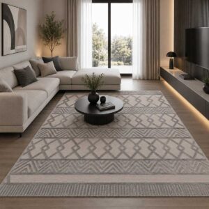 Moderner Teppich in Beige Grau mit geometrischem Design im modernen Wohnzimmer