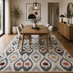 Moderner Teppich in Creme Grau mit geometrischem Muster im Esszimmer
