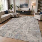 Moderner Teppich in Grau Blau mit abstraktem Design im modernen Wohnzimme