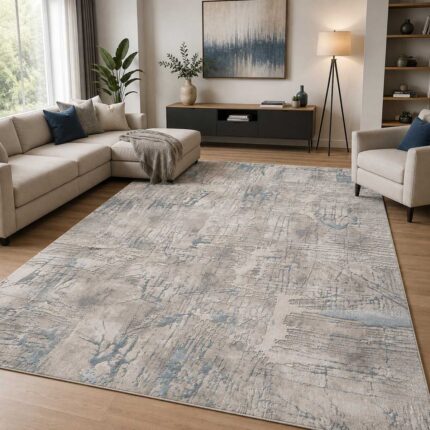 Moderner Teppich in Grau Blau mit abstraktem Design im modernen Wohnzimme