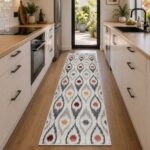 Moderner Teppich in Creme Grau mit buntem Muster in der Küche