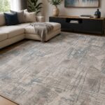Moderner Teppich in Grau Blau mit abstraktem Design im modernen Wohnzimme