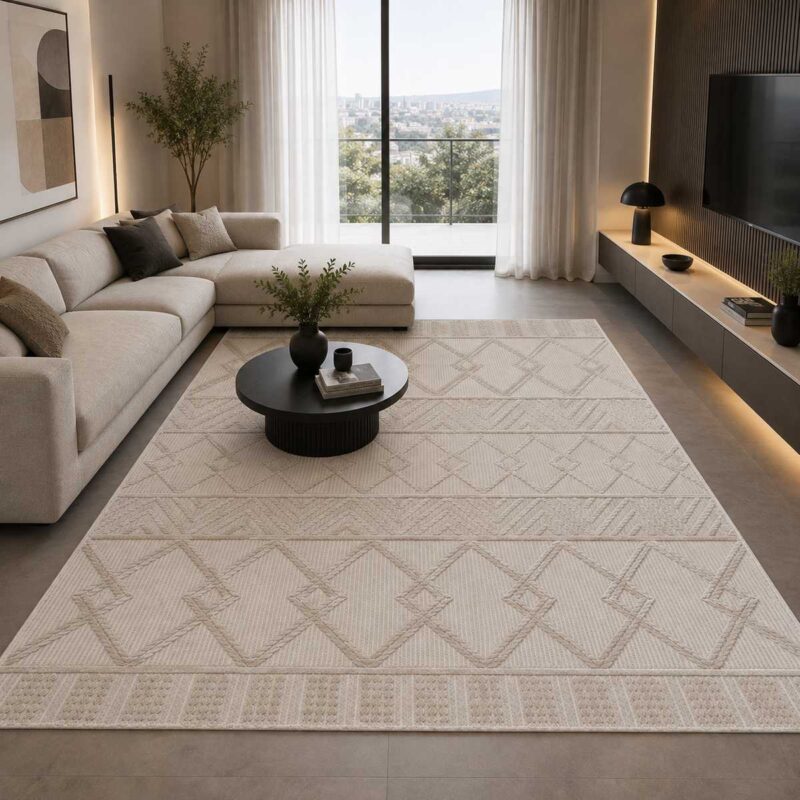 Moderner beiger Teppich mit geometrischem Design im modernen Wohnzimmer