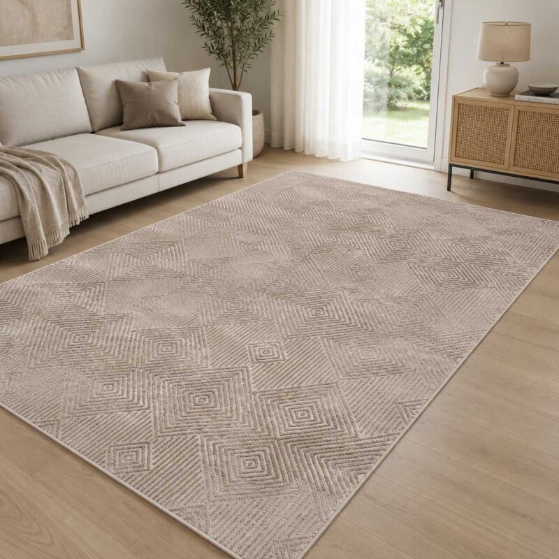 Moderner Teppich in Beige mit geometrischem Bogenmuster im Wohnzimmer