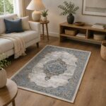 Vintage Teppich in Grau Blau Beige mit orientalischem Muster im Flur