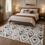 Moderner Teppich in Creme Grau mit bunten Akzenten im Schlafzimmer