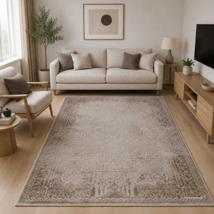 Vintage Teppich in Beige Grau mit orientalischem Muster im Wohnzimmer