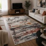 Moderner Teppich in Creme Grau Rost mit abstraktem Muster im Wohnzimmer