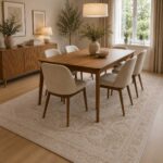Beige Creme Teppich mit klassischem Medaillonmuster im Esszimmer